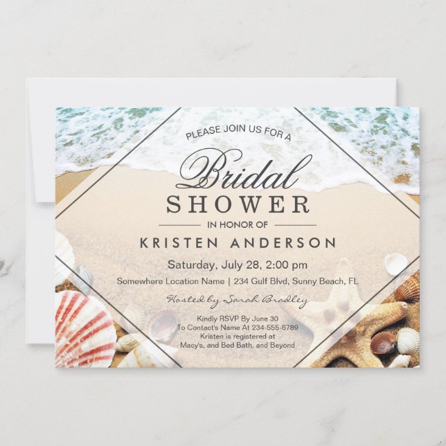 Summer Sandy Beach Starfish Seashell Bridal Shower Invitation (Front)