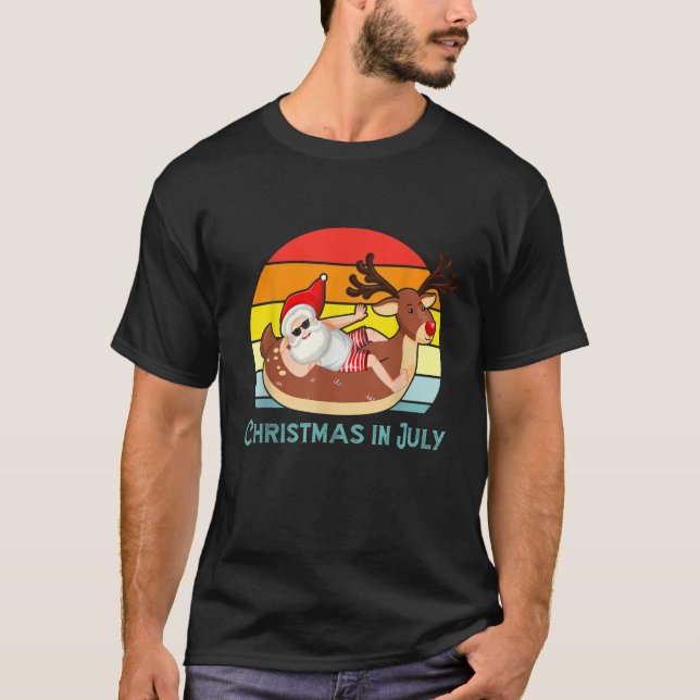 Summer Santa Christmas in July Riding Reindeer Poo T-Shirt (Front)