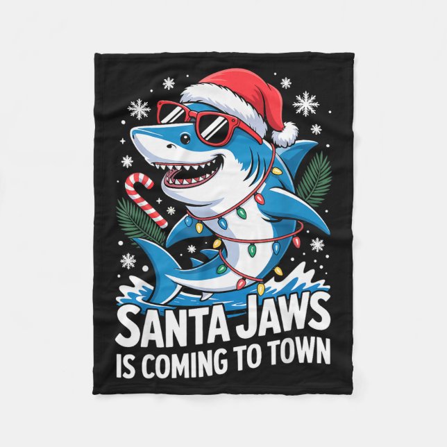 Summer Santa Jaws Vacation Christmas In July Shark Fleece Blanket (Front)
