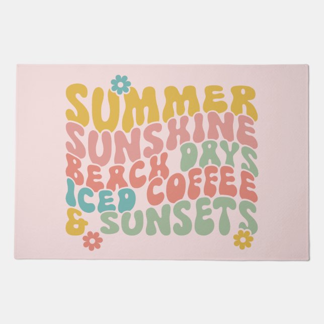 Summer Saying Retro Beach Iced Coffee Sunsets Doormat (Front)
