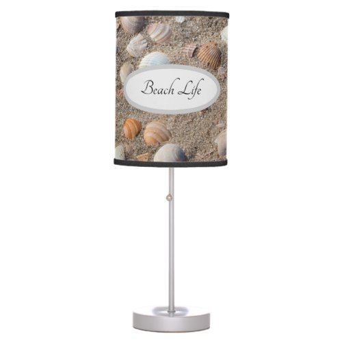 Summer sea shells at a sandy beach photo with text table lamp