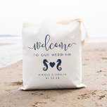 Summer Seahorse Wedding Welcome Bag<br><div class="desc">Welcome guests to your summer wedding or destination wedding with these cute and modern personalized tote bags. Summery, coastal design features "welcome to our wedding" in navy blue modern handwritten calligraphy script, with space to personalize with your names and date. A pair of seahorses joined by a heart completes the...</div>