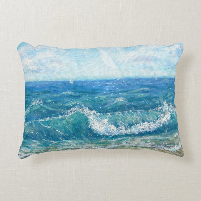 Summer seascape, blue waves, acrylic painting. accent pillow (Front)