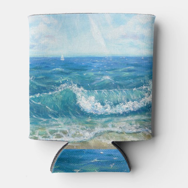 Summer seascape, blue waves, acrylic painting. can cooler (Front)