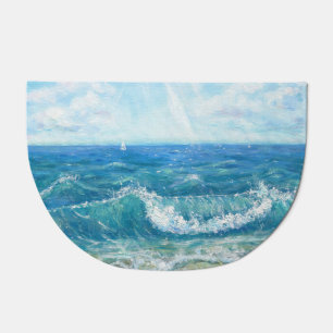 Summer seascape, blue waves, acrylic painting. doormat