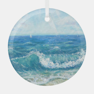 Summer seascape, blue waves, acrylic painting. glass ornament