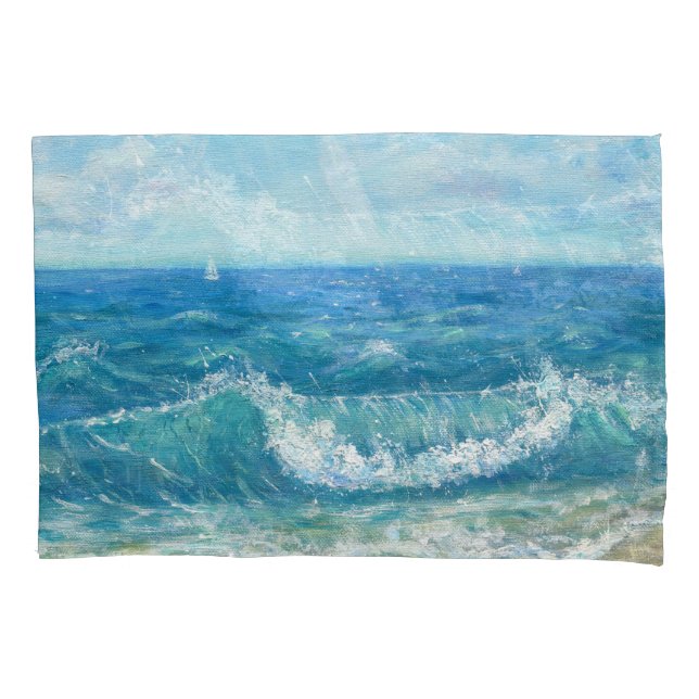 Summer seascape, blue waves, acrylic painting. pillow case (Front)