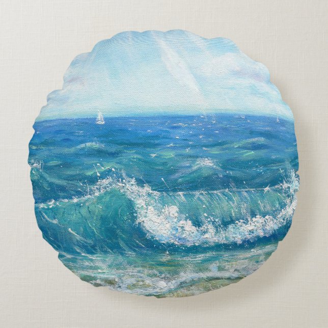 Summer seascape, blue waves, acrylic painting. round pillow (Front)