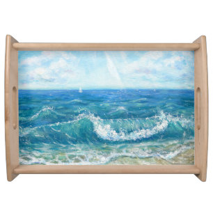Summer seascape, blue waves, acrylic painting. serving tray