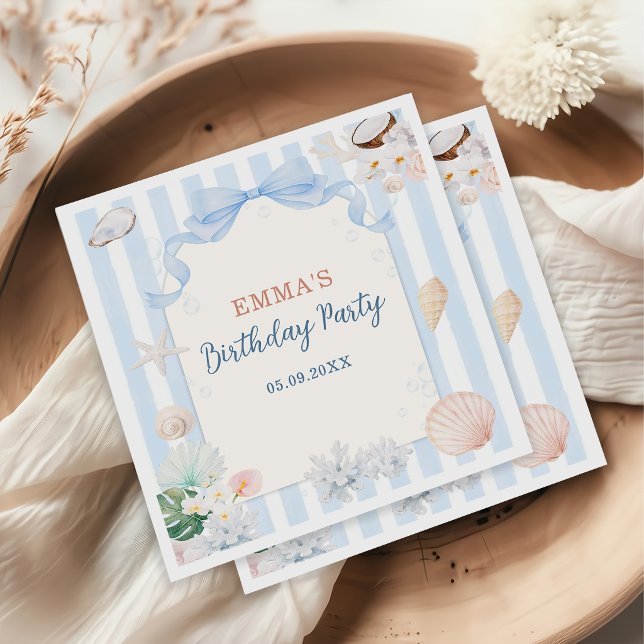 Summer Seashell Blue White Stripes Birthday  Napkins (Creator Uploaded)