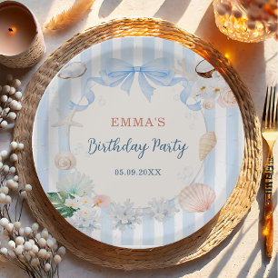 Summer Seashell Blue White Stripes Birthday Paper Plates