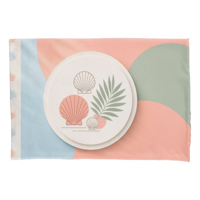 Summer Seashell & Palm Leaf Pillowcase • Tropical  (Front)