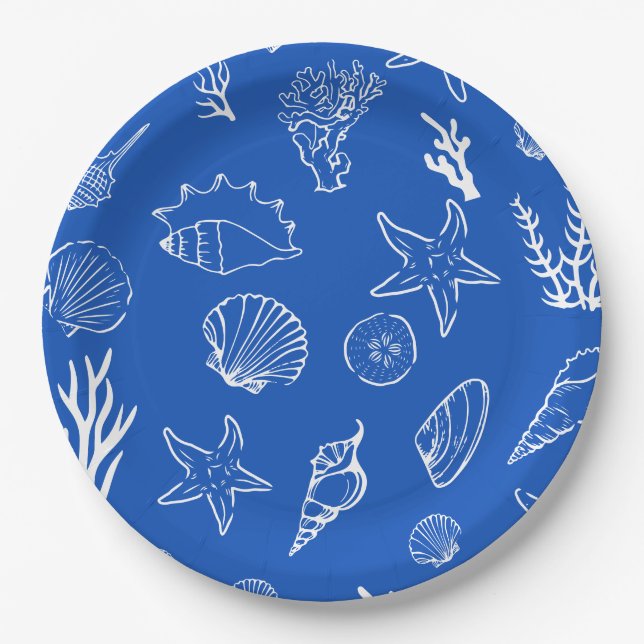 Summer Seashells Frame Beach Wedding Blue Paper Plates (Front)