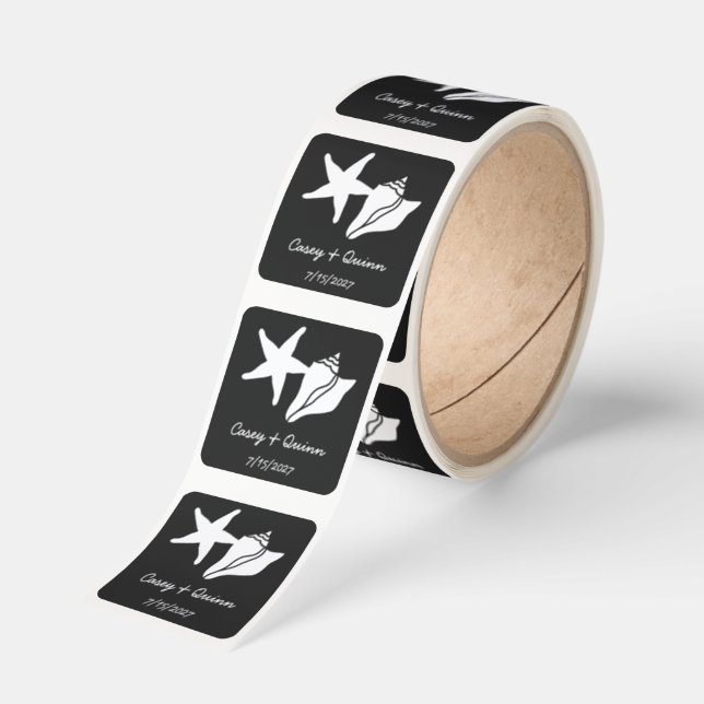 Summer Seashells in Black Wedding Square Sticker (Roll)