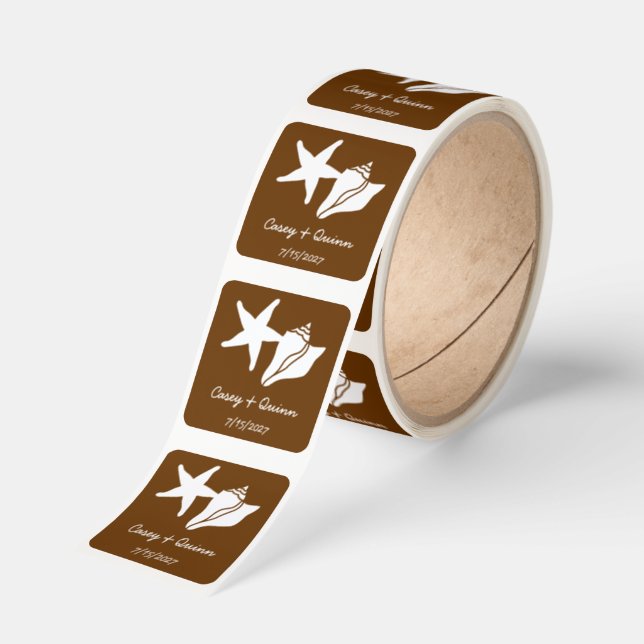 Summer Seashells in Chocolate  Wedding Square Sticker (Roll)