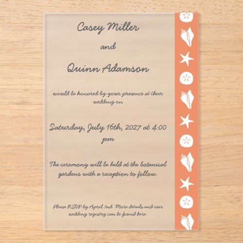 Summer Seashells in Coral Acrylic Wedding Invitations