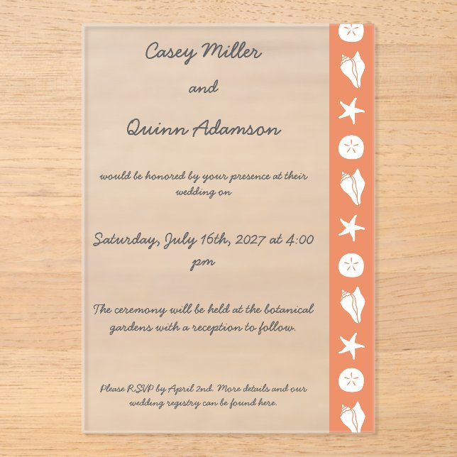 Summer Seashells in Coral Acrylic Wedding  Invitations (Front)