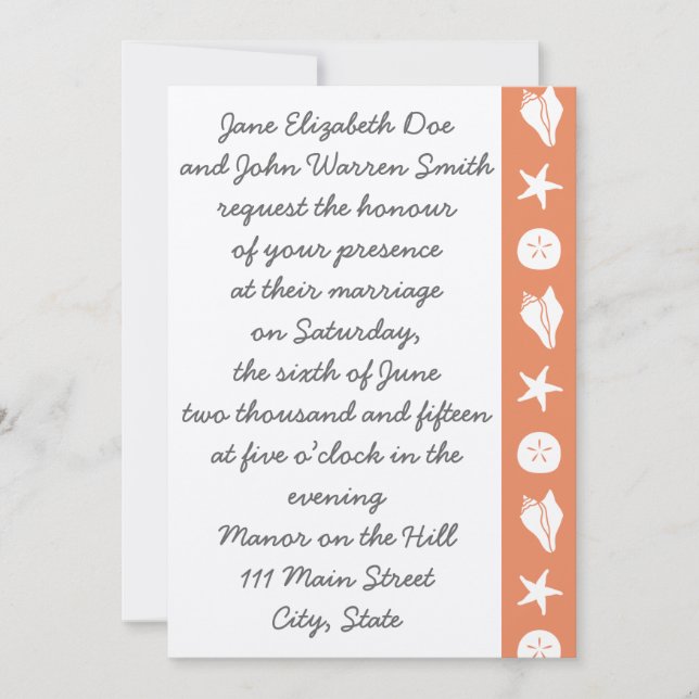 Summer Seashells in Coral Wedding Invitation (Front)
