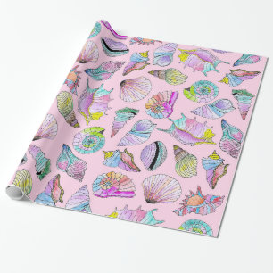 Summer Seashells in Girly Painted Watercolor Paint Wrapping Paper