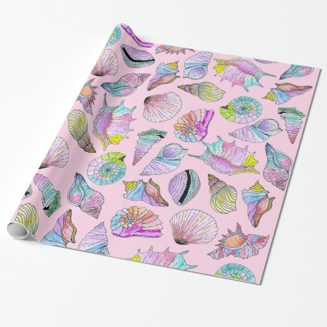 Summer Seashells in Girly Painted Watercolor Paint Wrapping Paper (Unrolled)