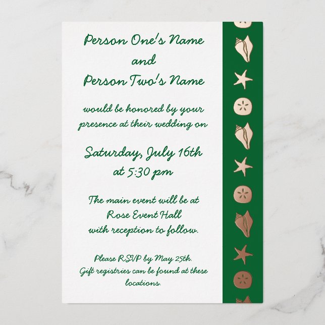 Summer Seashells in Green Foil Invitation (Front)
