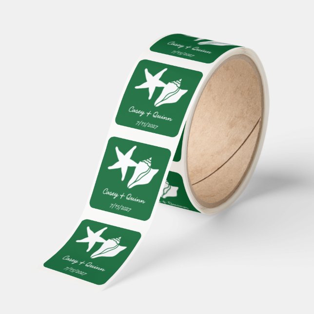 Summer Seashells in Green Wedding Square Sticker (Roll)