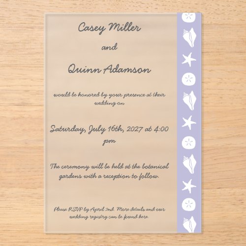 Summer Seashells in Lavender Acrylic Wedding Invitations