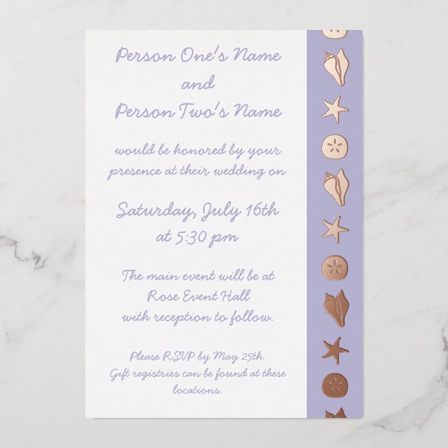 Summer Seashells in Lavender Foil Invitation (Front)