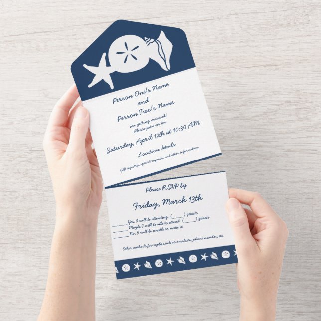 Summer Seashells in Navy All In One Invitation (Tearaway)