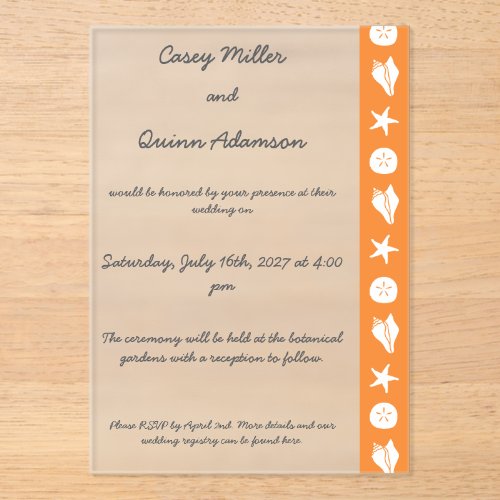Summer Seashells in Orange Acrylic Wedding Invitations