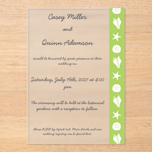 Summer Seashells in Peridot Acrylic Wedding Invitations