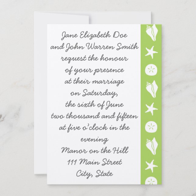 Summer Seashells in Peridot Wedding Invitation (Front)