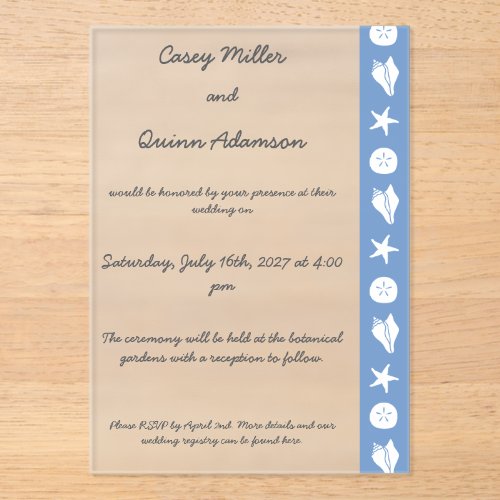 Summer Seashells in Periwinkle Acrylic Wedding Invitations