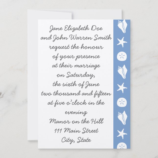 Summer Seashells in Periwinkle Wedding Invitation (Front)