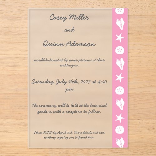 Summer Seashells in Petal Pink Acrylic Wedding Invitations
