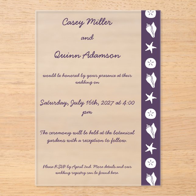 Summer Seashells in Purple Acrylic Wedding  Invitations (Front)