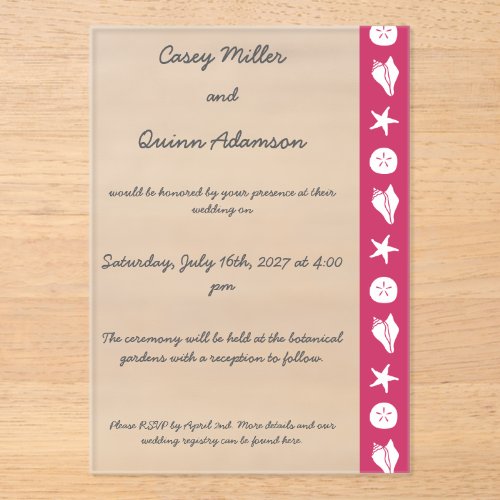 Summer Seashells in Raspberry Acrylic Wedding Invitations
