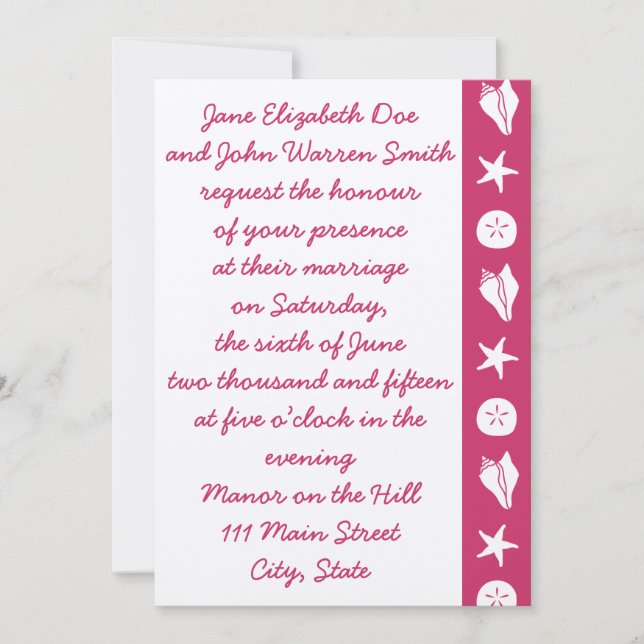 Summer Seashells in Raspberry Wedding Invitation (Front)