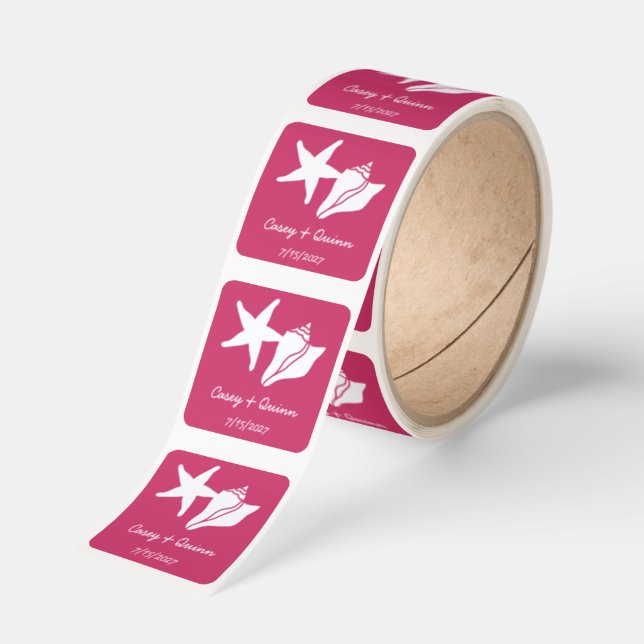 Summer Seashells in Raspberry Wedding Square Sticker (Roll)