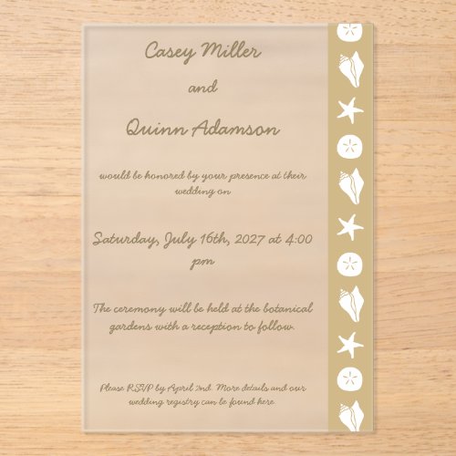 Summer Seashells in Sand Acrylic Wedding Invitations