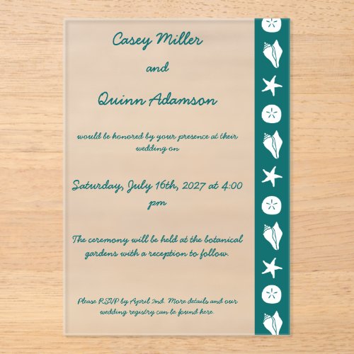 Summer Seashells in Teal Acrylic Wedding Invitations