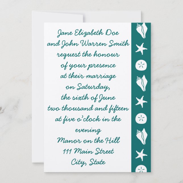 Summer Seashells in Teal Wedding Invitation (Front)