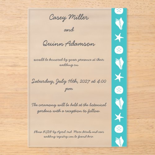 Summer Seashells in Turquoise Acrylic Wedding Invitations