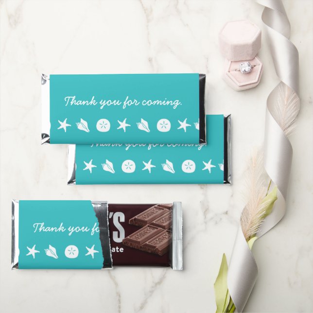 Summer Seashells in Turquoise Hershey Bar Favors (Front)