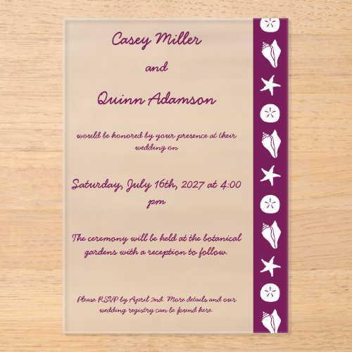 Summer Seashells in Wine Acrylic Wedding Invitations