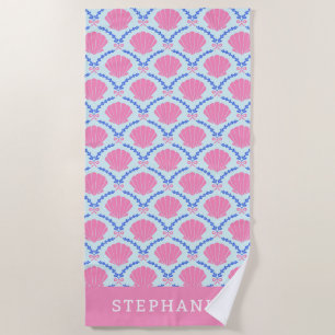 Summer Seashells Pink Bows Personalized Beach Towel