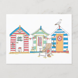 Summer Seaside Beach Huts in the Sand Illustration Postcard