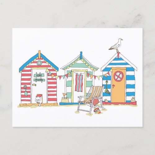 Summer Seaside Beach Huts in the Sand Illustration Postcard