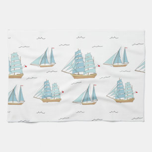 Summer Seatime Cute yachts with sail Kitchen Towel