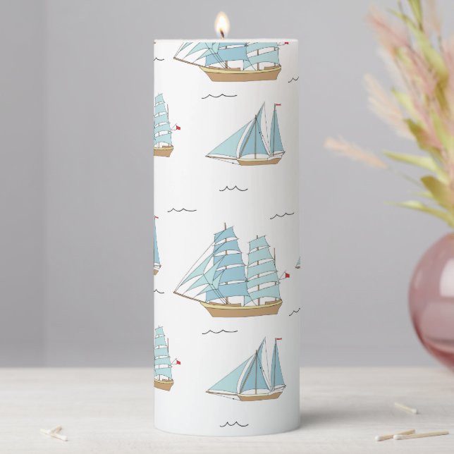 Summer Seatime Cute yachts with sail Pillar Candle (In Situ)